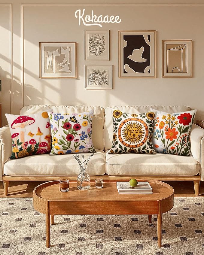 Embroidered Throw Pillow Cover 18x18 Inch, Flower Cluster | Decorative Pillow Cover, Floral Farmhouse Cushion Case with Hidden Zipper, Home Decor for Couch, Sofa, Living Room, Bedroom
