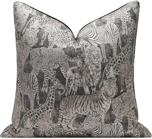 Wildlife Safari Throw Pillow Cover 18x18 inch, Animal Jacquard Cushion Cover, Lion Tiger Cheetah Zebra Giraffe Pattern, Decorative Pillow Case with Hidden Zipper for Living Room Couch