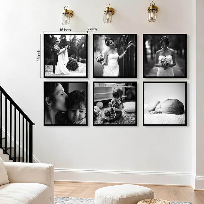 eletecpro 16x16 Picture Frame Set of 6, Display 4x4 with Mat | Bulk Frames, Wall Decor, Lightweight & Sturdy, High-clarity Acrylic, Ready to Hang