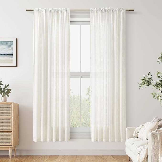 Linen Curtains 72 Inches Long for Living Room Natural Cream Semi Sheer Curtain Rod Pocket 2 Panels Set Boho Farmhouse Light Filtering Window Drapes for Bedroom Beige Ivory 52x72
