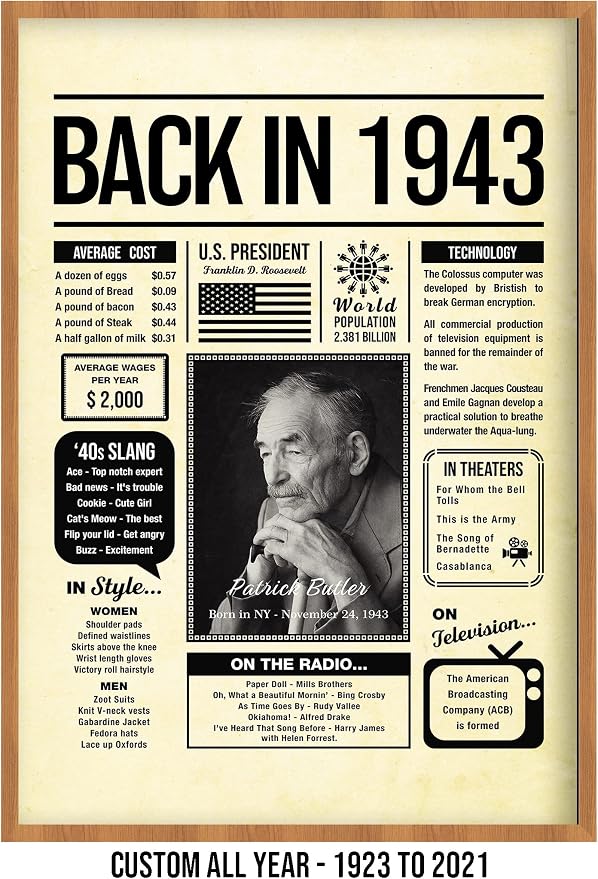 Personalized 82 year old birthday gifts - Back in 1943 Poster - Centerpiece Table Decorations 82nd Birthday Party - Custom Born in 1943 Newspaper Vintage Poster for Men, Women