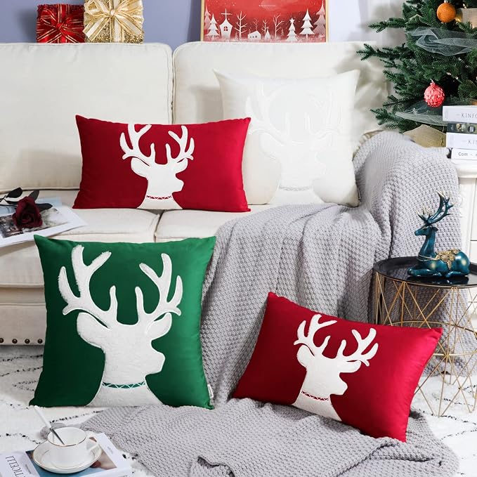 BRAWARM Christmas Pillow Cover 18 X 18 Inches, Christmas Green Reindeer Embroidered Pillow Cover, Soft Velvet Decorative Throw Pillow for Couch Bed Sofa Living Room Home