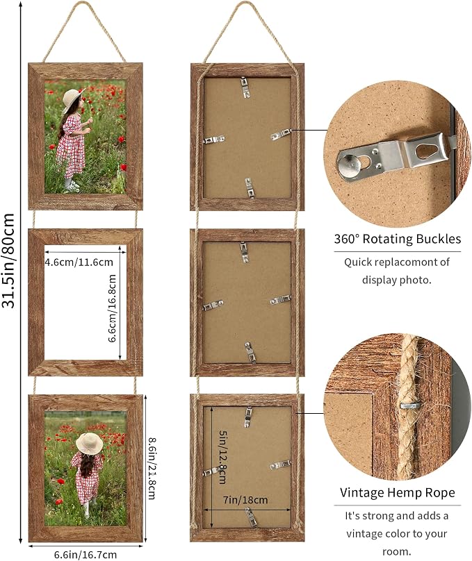 5x7 Collage Picture Frames Set of 2, Rustic Wooden Real Glass Vertical Hanging 3 Opening 5 by 7 Photo Frame, Rustic Brown