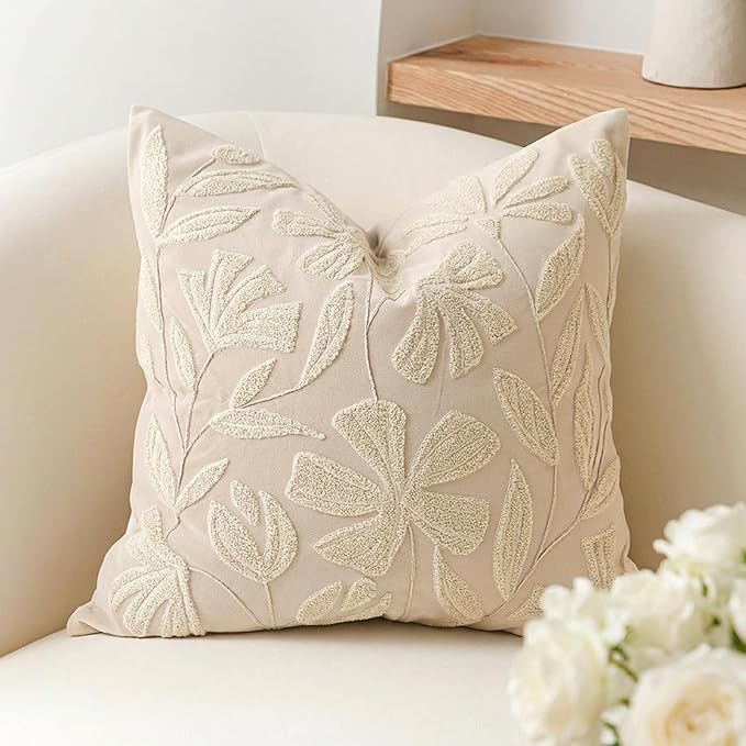 BlissBlush Decorative Throw Pillow Cover 20x20, Beige Neutral Velvet Accent Cushion Cover for Couch Sofa Living Room, Floral Tufted Square Pillowcase (Cover Only)