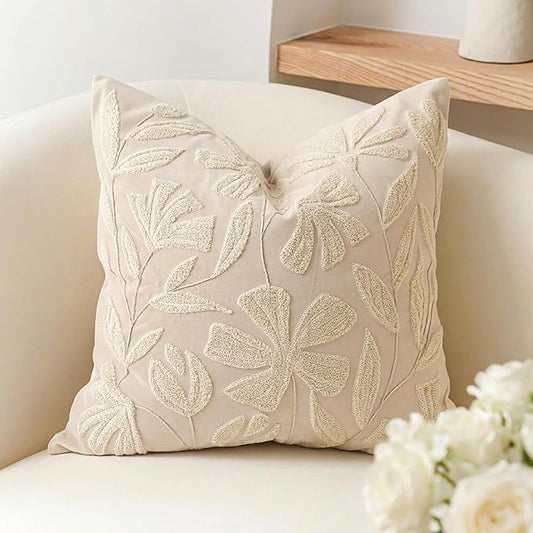 BlissBlush Decorative Throw Pillow Cover 20x20, Beige Neutral Velvet Accent Cushion Cover for Couch Sofa Living Room, Floral Tufted Square Pillowcase (Cover Only)
