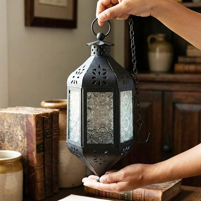 Vela Lanterns Hanging Moroccan Lamp - Exotic Decorative Patio & Porch Decor, Indoor Outdoor Tea Light Candle Lantern Holder with Chain (11" Medium, Clear Glass, 3-Pack)