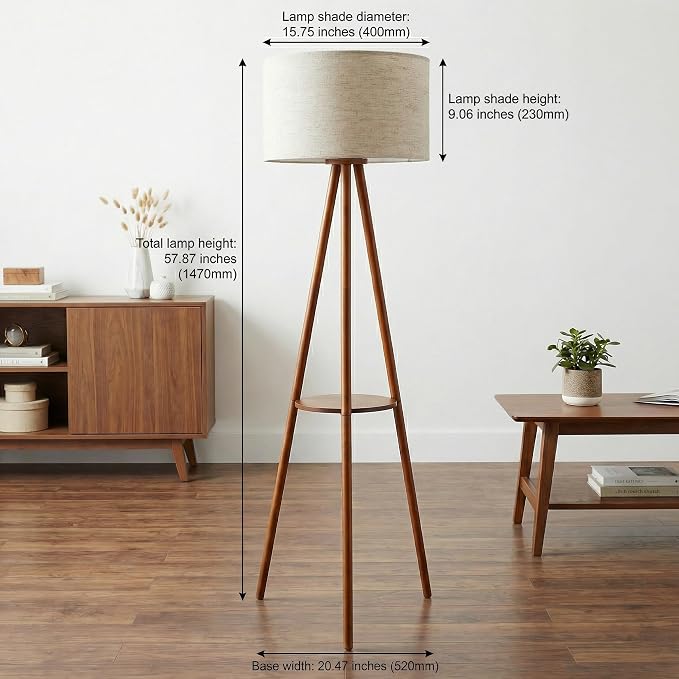Wood Tripod Floor Lamp: Mid Century Standing Lamp with Shelves