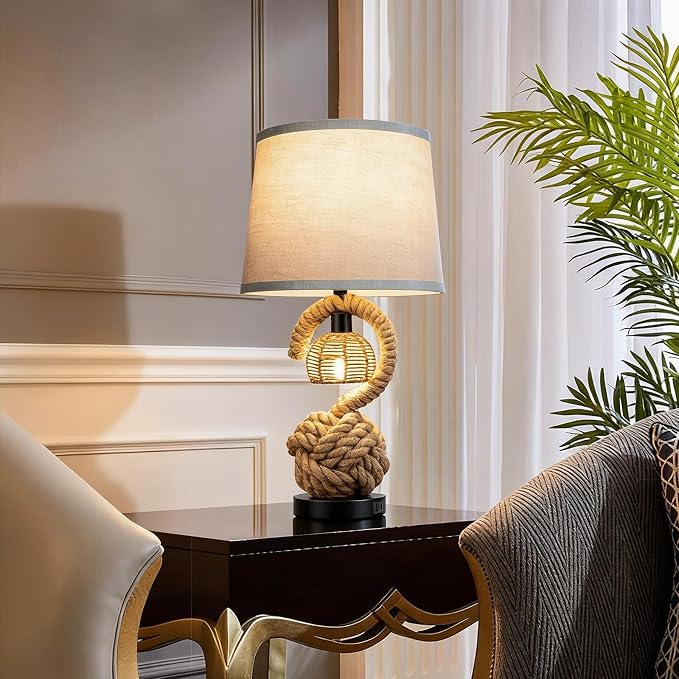22" Rope Table Lamps for Night Stands, Dual-Lights Bedside Lamps Set of 2