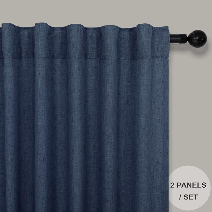 Navy Blue Curtains 38 Inch Wide for Living Room 2 Panel Back Tab Pocket Light Filtering Semi Sheer Linen Long Skinny Small Curtain for Windows Farmhouse Bedroom Entry Door Doorway Width 38 x 84 Length