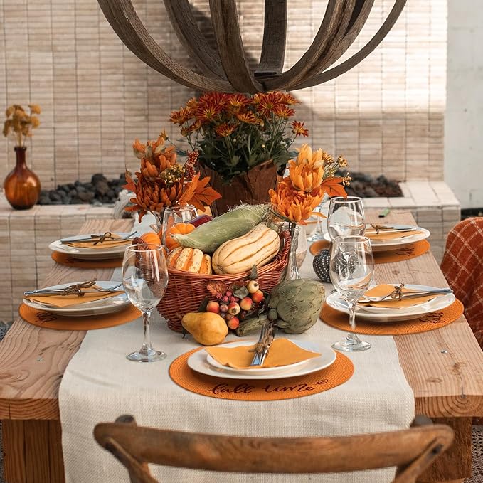 FunWheat Round Placemats Set of 6 Table Mats for Thanksgiving Tables Washable Non-Slip Place mats 15 Inch for Fall(Orange Fall,6pcs)