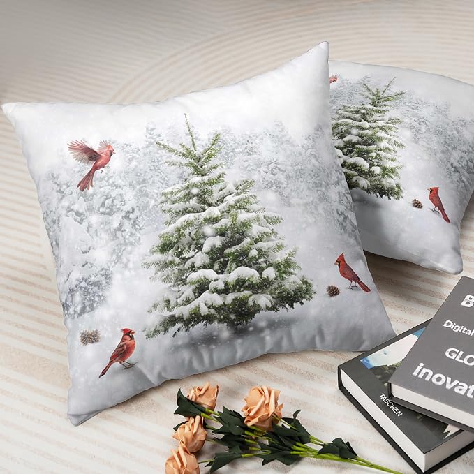 Winter Pillow Covers 16x16 Set of 2 Snowy Pine Trees Decorative Pillow Covers Natural Forest Cardinal Birds Pillow Case for Living Room Patio Couch