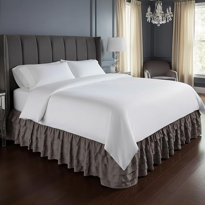 Elegant Comfort Luxurious Premium Quality 1500 Thread Count Wrinkle and Fade Resistant Egyptian Quality Microfiber Multi-Ruffle Bed Skirt - 15inch Drop, Queen, Grey