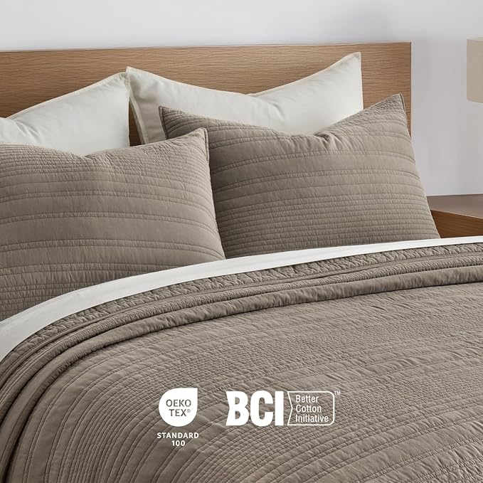 EVERGRACEHOME 100% Cotton Quilt Set Oversized Cal King, Stone Taupe | Pre-Washed Soft Cotton, Striped Coverlet Bedspread, 3 Piece Lightweight Bedding Set for All Season, with 2 Pillow Shams