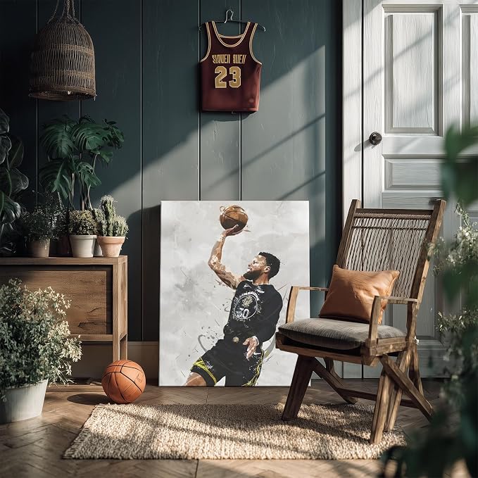 Stephen Curry Basketball Canvas Wall Art, Sports Player Poster, 12x16 Inch | Abstract splash ink athletic artwork, motivational sports wall decor for teen boys room, bedroom, living room, gym or office