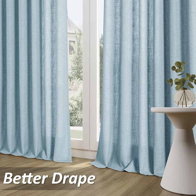 Light Blue Linen Curtains 96 Inches Long 2 Panel Set Rod Pocket Semi Sheer Dining Room Cozy Bedroom Decor Cotton Look Country Rustic Farmhouse Boho Curtains 52x96