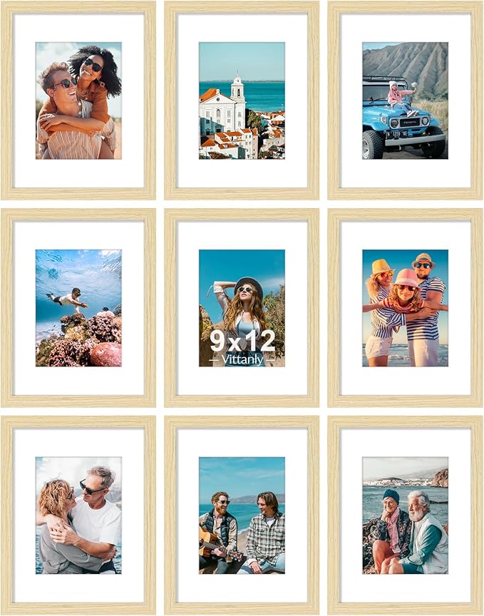 Vittanly 9x12 Picture Frames Set of 9 for Wall or Tabletop Display, OAK | Display Pictures 6x8 with Mat or 9x12 without Mat, Engineered Wood with Shatter Resistant Plexiglass, Gallery Photo Frames