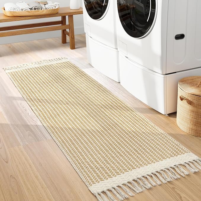 Lahome Boho Bathroom Runner Rug, 2x6 Washable Rugs for Laundry Room | Woven Cotton Throw Carpet with Tassels, Farmhouse Decor Non Shedding Lightweight Low Pile Mats for Hallway Entryway, Khaki