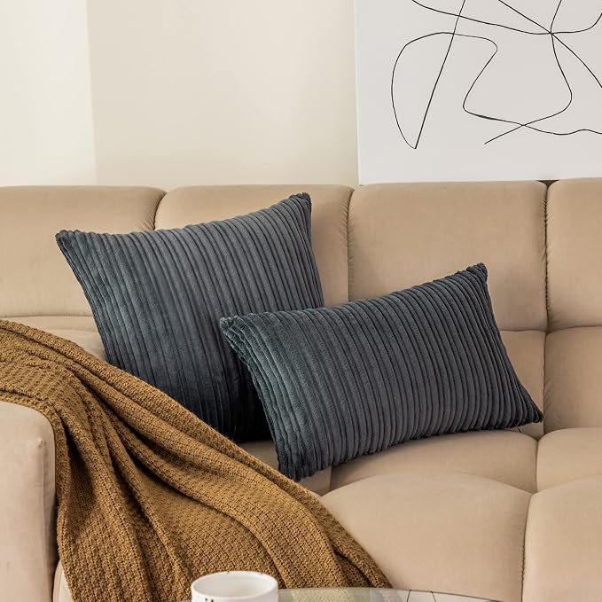 Kevin Textile Striped Corduroy 12”x20” Pillow Covers 2 Pack, Dark Grey