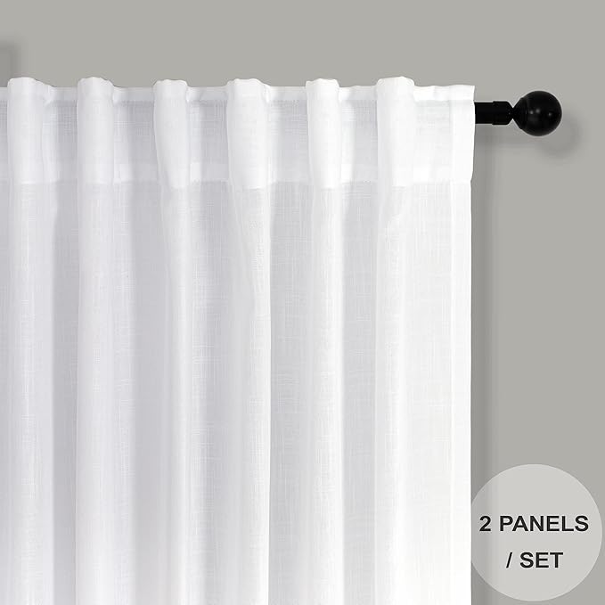 Pitalk White Curtains 78 Inches Long for Sliding Glass Door 2 Panels Set Rod Pocket Tab Modern Farmhouse Semi Sheer Flax Linen Drapes Light Curtains for Living Room Pinch Pleated Look 52 x 78 Length