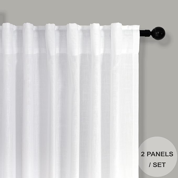 White Curtains 38 Inch Wide for Bedroom 2 Panels Back Tab Rod Pocket Semi Sheer Privacy Cotton Textured Light Filter White Linen Curtains for Living Room Rustic Farmhouse Boho Decor Width 38 x 96 Long