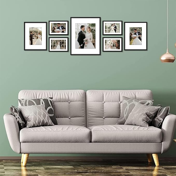 Golden State Art 7 Pack Aluminum Frames, Includes 5x7 8x10 11x12, Black | Shatter-resistant Glass, Assorted Sizes: One 11x14, Two 8x10, Four 5x7, Horizontal/Vertical Wall Mount & Tabletop Display