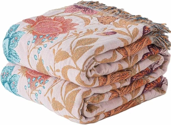 Phuryllic Boho Throw Blanket Twin Size, Soft Cozy Cotton Muslin Quilt Blanket for Bed Decor, Floral Patterned Couch Sofa Chair Cover, Vintage Farmhouse Cottage Tapestry Woven Blanket, Coral&Green