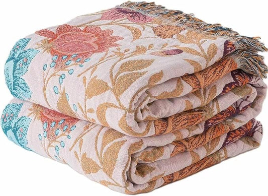 Phuryllic Boho Throw Blanket Twin Size, Soft Cozy Cotton Muslin Quilt Blanket for Bed Decor, Floral Patterned Couch Sofa Chair Cover, Vintage Farmhouse Cottage Tapestry Woven Blanket, Coral&Green
