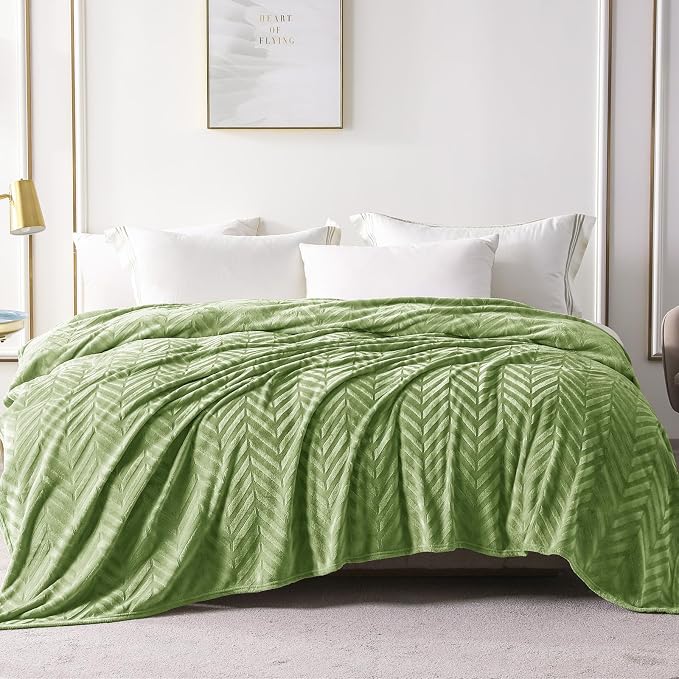 Whale Flotilla Flannel Fleece Bed Blanket Queen Size, Olive Green | Lightweight Breathable Soft Bedspread, Plush Fluffy Coverlet Chevron Design Decorative Blanket for All Season, 90x90 Inch