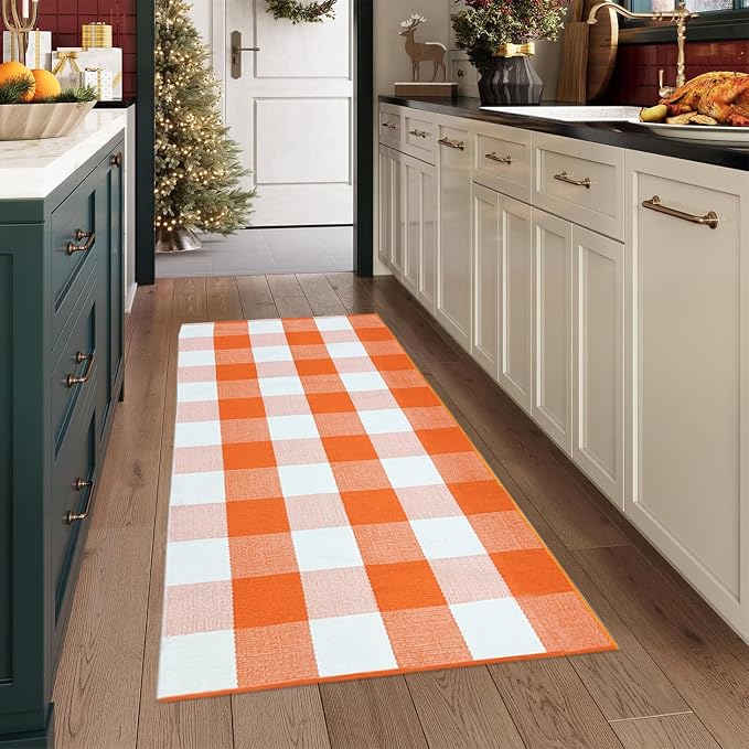USTIDE Cotton Buffalo Plaid Rug Orange White Check Rugs 2'x4'3" Hand-Woven Indoor or Outdoor Rugs for Layered Door Mats Washable Carpet for Front Porch/Kitchen/Farmhouse/Entryway