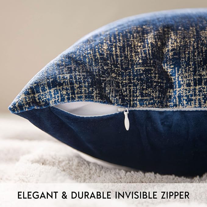 Phantoscope Pack of 2 Sparkling Velvet Decorative Solid Throw Decorative Pillow Cover Soft Gold Glitter Square Cushion Cover Pillowcase for Couch Bed and Chair, Navy Blue, 12 x 20 inches, 30 x 50 cm