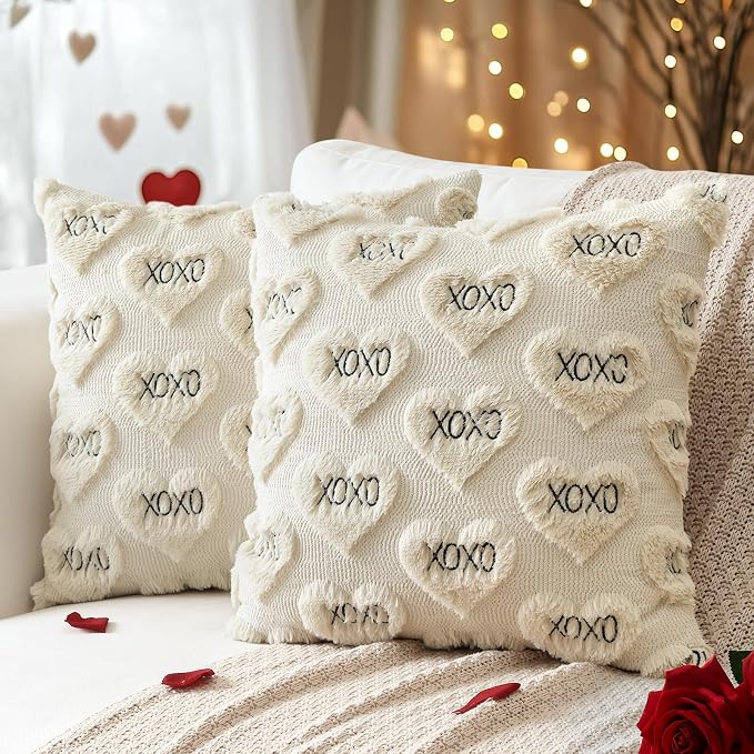 Artscope Valentines Pillow Covers 16x16 Set of 2 Decorative Love Heart XOXO Valentine's Day Throw Pillow Cases Soft Plush Faux Fur Couch Cushion Case for Holiday Sofa Bed Room Home Decor-Beige XOXO