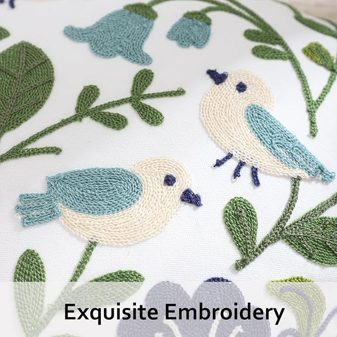 Embroidered Throw Pillow Covers 18x18 Pack of 2 Birds Pillow Covers Green Leaves with Floral Pillowcases Farmhouse Pillow Cushion Cases Square Navy Blue Flower Pillow Case Summer Home Decor