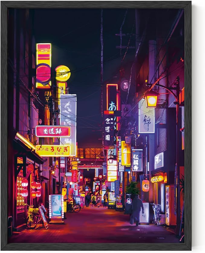 HAUS AND HUES Tokyo Poster Japanese Wall Art – Japanese Anime Neon Decor, Tokyo Japan City Lights Poster, Urban Wall Art for Room (Black Frame, 12x16)