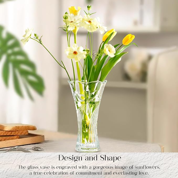 9 Inch Tall Crystal Vases for Flowers, 1 Piece Thickened Glass Vase | 2.3 lb Large Flower Vase for Tables Centerpieces Home Decor, Clear Vases for Wedding Reception, Housewarming Gift