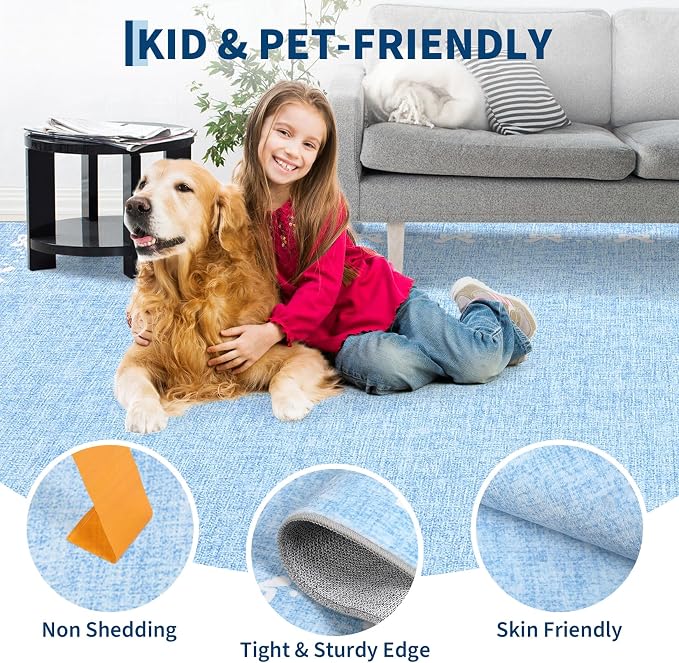 COZYLOOM 5x7 Bow Printed Washable Rug for Entryway Indoor, Modern Bordered Living Room Rug with Non Slip Backing, Stain Resistant Non Shedding Solid Color Area Rugs for Bedroom, Dining Room, Blue