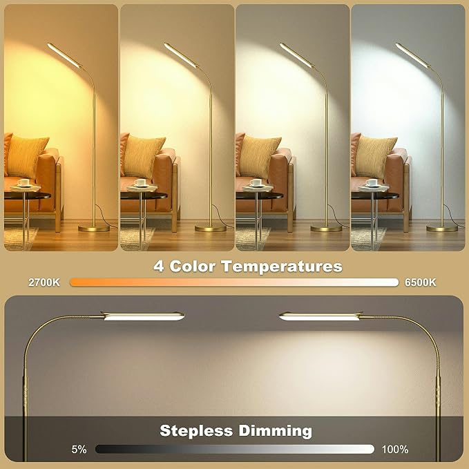 Yikuneng Dimmable LED Floor Lamp, Super Bright Reading Lamps Floor Standing lamp with Remote & Touch Control, Stepless Dimming & 2700K-6500K Color Temperature, for Living Room Bedroom Office, Gold