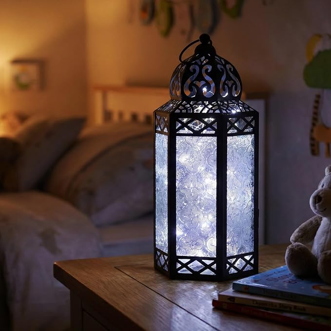 Vela Lanterns Decorative Indoor Fairy Light Candle Holder, Clear, L | Ramadan & Eid Decor, Fantasy Wedding Centerpieces, Moroccan Metal Hanging Flameless LED Lamp, Outdoor Porch Patio, 12" Tall