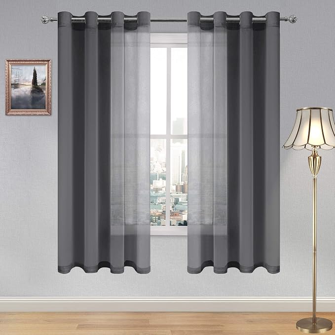 DWCN Dark Grey Sheer Curtains for Living Room Bedroom - Faux Linen Look Voile Drapes Grommet Top Window Curtain Panel 52 x 72 Inches Long, Set of 2 Panels