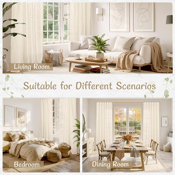 Semi Sheer Linen Window Curtains 63 Inch Length, Linen, 2 Panels | Light Filtering, Neutral Curtain Panels, Bedroom, Back Tab Rod Pocket, Drapes for Farmhouse, Living Room, 52 x 63 Inch