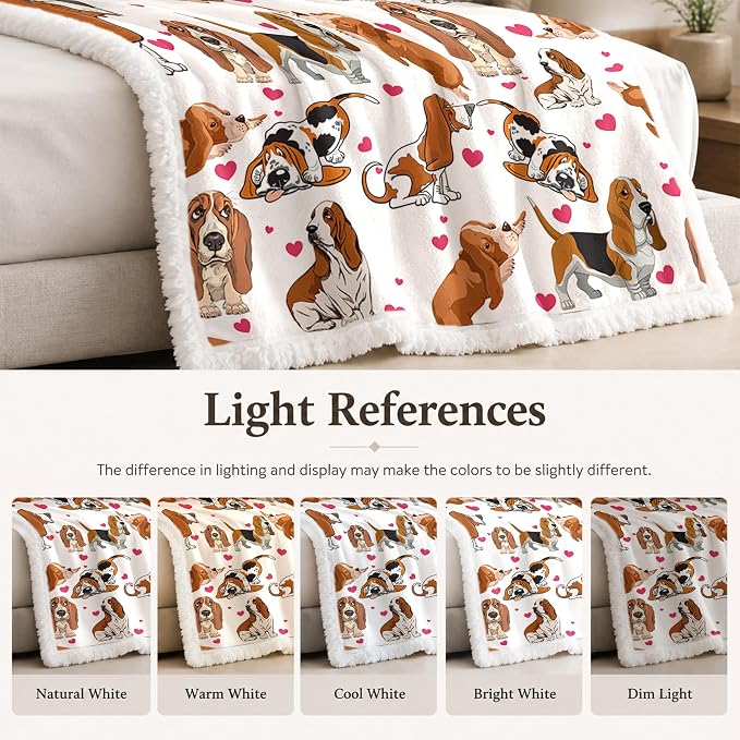 BlessLiving Throw Blanket, White Brown Dog Animal, 60x80 in | sherpa fleece fabric, Basset Hound Dense Pet Blankets Puppy print, for couch or sofa, pet lovers, easy machine care
