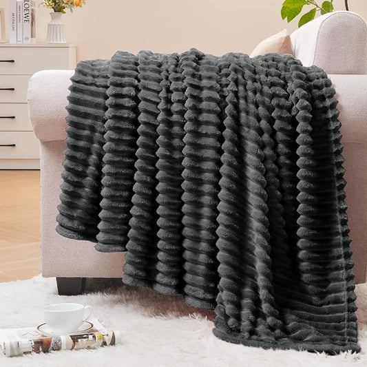BEDELITE 3D Ribbed Charcoal Grey Fleece Throw Blanket for Couch, 50x60 Inch | Soft Warm Decorative Fluffy Blanket, Cozy Plush Lightweight Fuzzy Throw Blanket for Bed Sofa Home Room Decor, Gift for Women