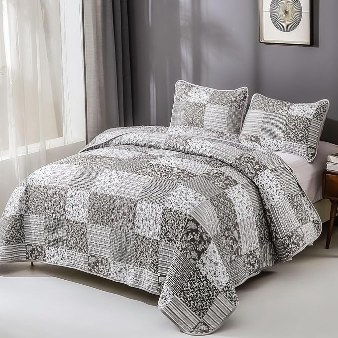 Mybedsoul Grey Boho Quilt King Size, Patchwork Floral Bedding Set | Soft Lightweight Microfiber Coverlet Set, 3 Pieces Plaid Reversible Bedspread, Bed Sets for All Seasons 90"x110"