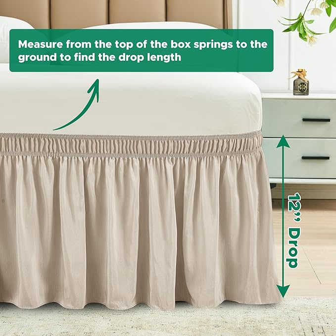 Wrap Around Bed Skirt King Size 12" Drop-Elastic Dust Ruffle Light Camel | Adjustable Pleated Bedskirt-Easy Fit Wrinkle Resistant Washable Hotel Quality Fabric Bed Skirting-Master Guest Bedroom Rental