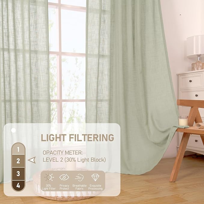 Linen Sheer Curtains for Living Room 84 Inch Length 2 Panels Set | Sage Grey, Light Filtering, Curtains for Bedroom, Neutral Rustic, Farmhouse Boho Panels, Bronze Grommet, 52 x 84 Inch