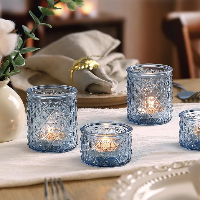 NITIME 24pcs Assorted Blue Votive Candle Holders, Tealight Candle Holders for Table Centerpiece, Blue Candle Holder Decor for Wedding, Baby Shower Party & Spa