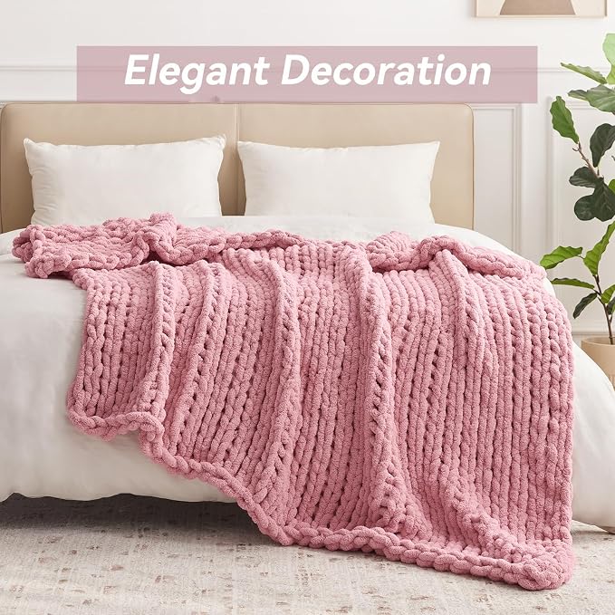 Negwoo Chunky Knit Throw Blanket, Knitted Throw Chenille Yarn, 30"*40" | Soft Thick Cable Knitted Blankets, Handmade Big Thick Blanket, Machine Washable Cute Comfy Blanket for Home Decor, Light pink