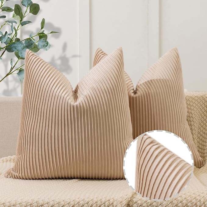 YCOLL Tan Pillow Covers 18x18 Set of 2 Velvet Striped Pattern - Soft Throw Pillows for Home Decor, Luxury Decorative Pillow Covers for Couch, Bed,Living Room