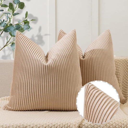 YCOLL Tan Pillow Covers 18x18 Set of 2 Velvet Striped Pattern - Soft Throw Pillows for Home Decor, Luxury Decorative Pillow Covers for Couch, Bed,Living Room