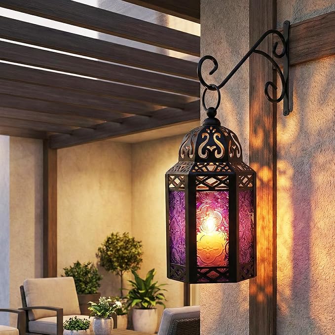 Vela Lanterns Decorative Indoor Moroccan Candle Holder Lamp, Purple, S | Gothic Home Decor, Whimsigoth Iron Goth Lamp, Hanging Witch Bedroom, Halloween Centerpiece, 8.5" Tall