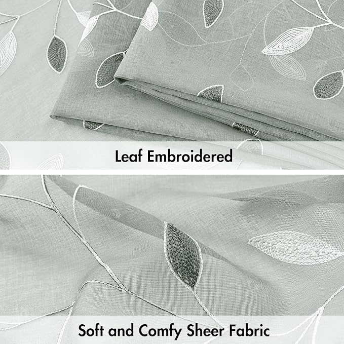 MIULEE Sage Sheer Curtains 2 Panels Embroidered Leaf Patterned, W52 x L96 | Embroidered Floral Semi Sheer,Rod Pocket,Faux Linen,Short Window Curtains Drapes Set for Kitchen/Bathroom/Cafe